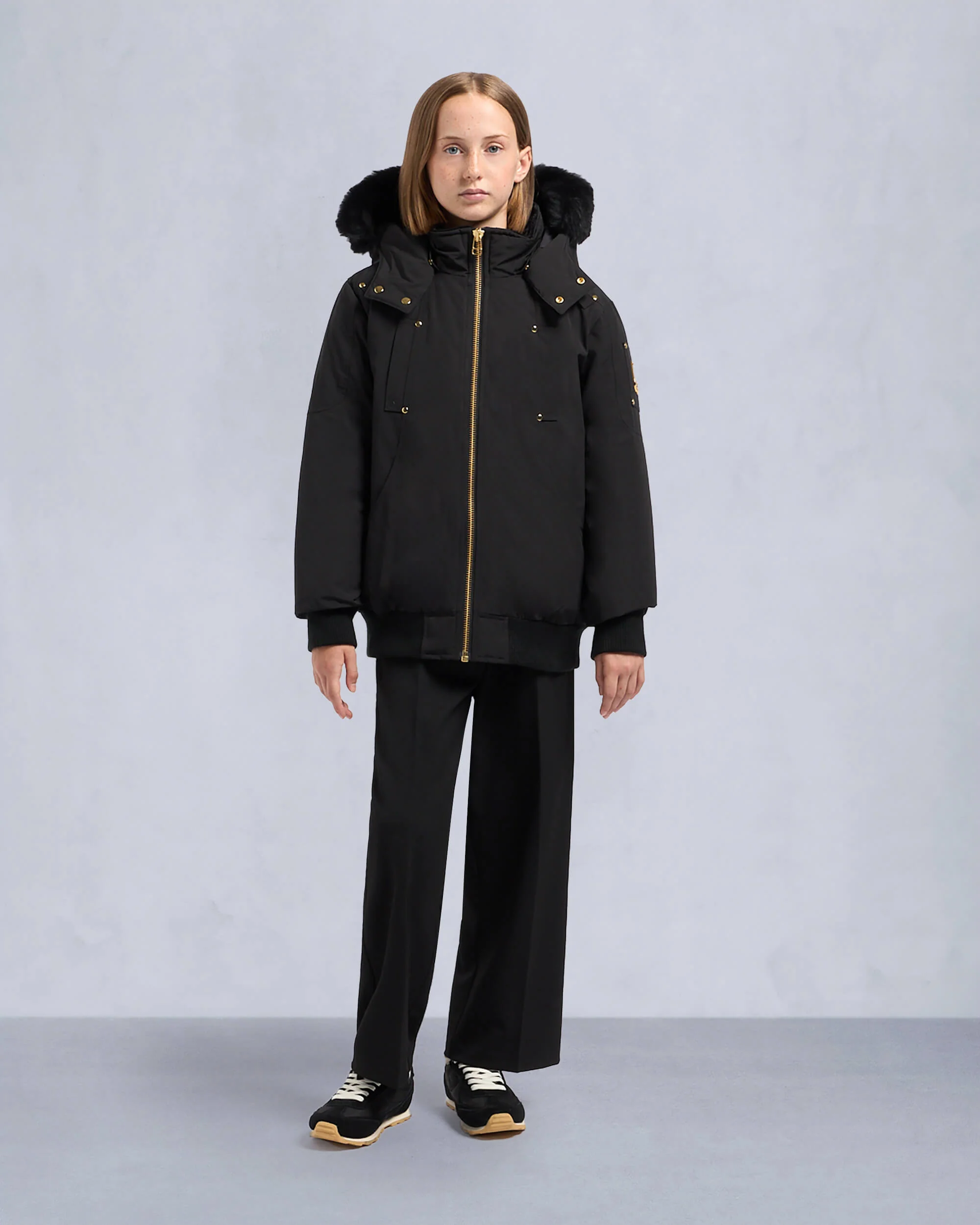 KIDS UNISEX ORIGINAL GOLD SERIES SHEARLING TRIM BOMBER JACKET-BLACK/BLACK