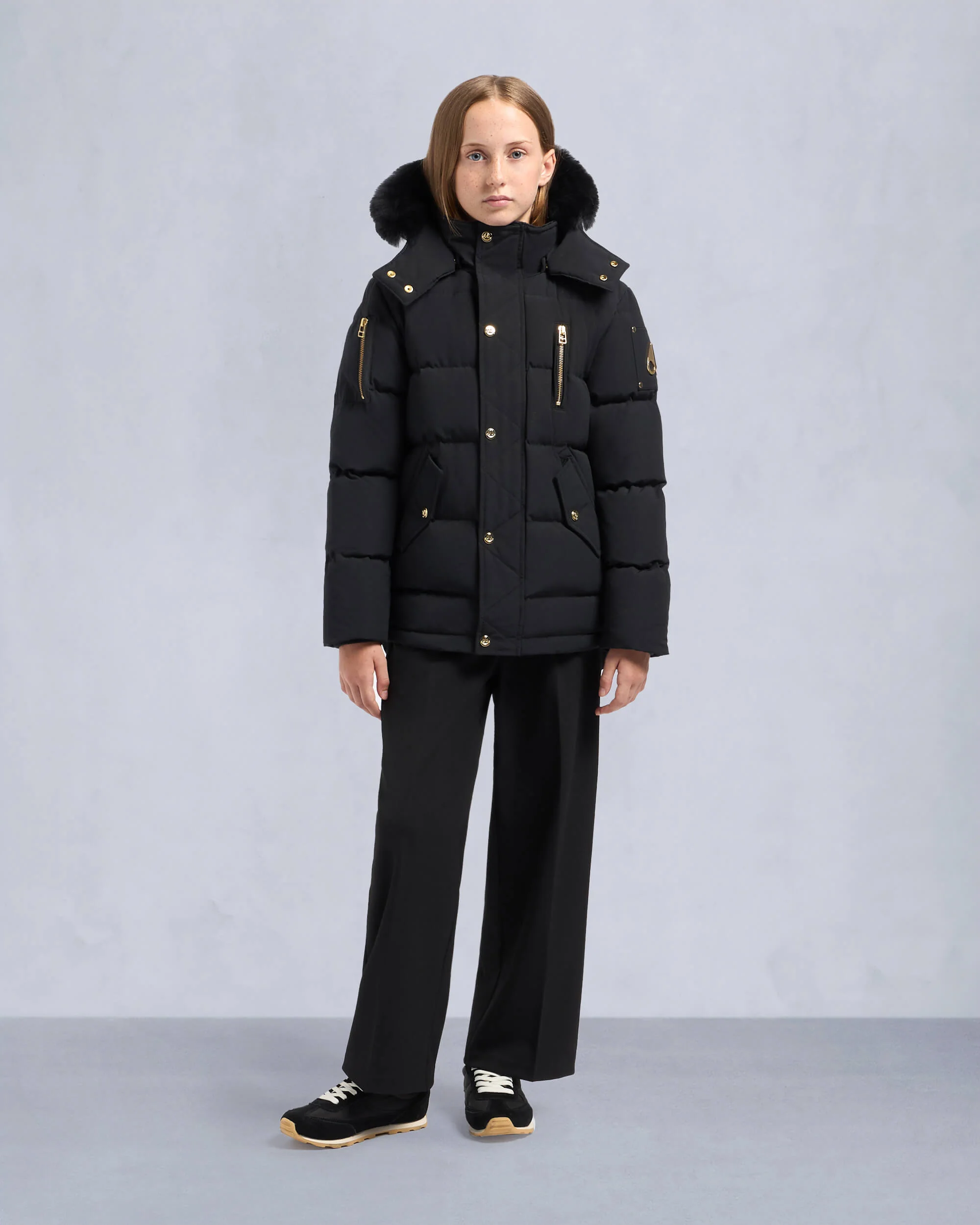 KIDS UNISEX ORIGINAL GOLD SERIES SHEARLING TRIM 3Q JACKET-BLACK/BLACK