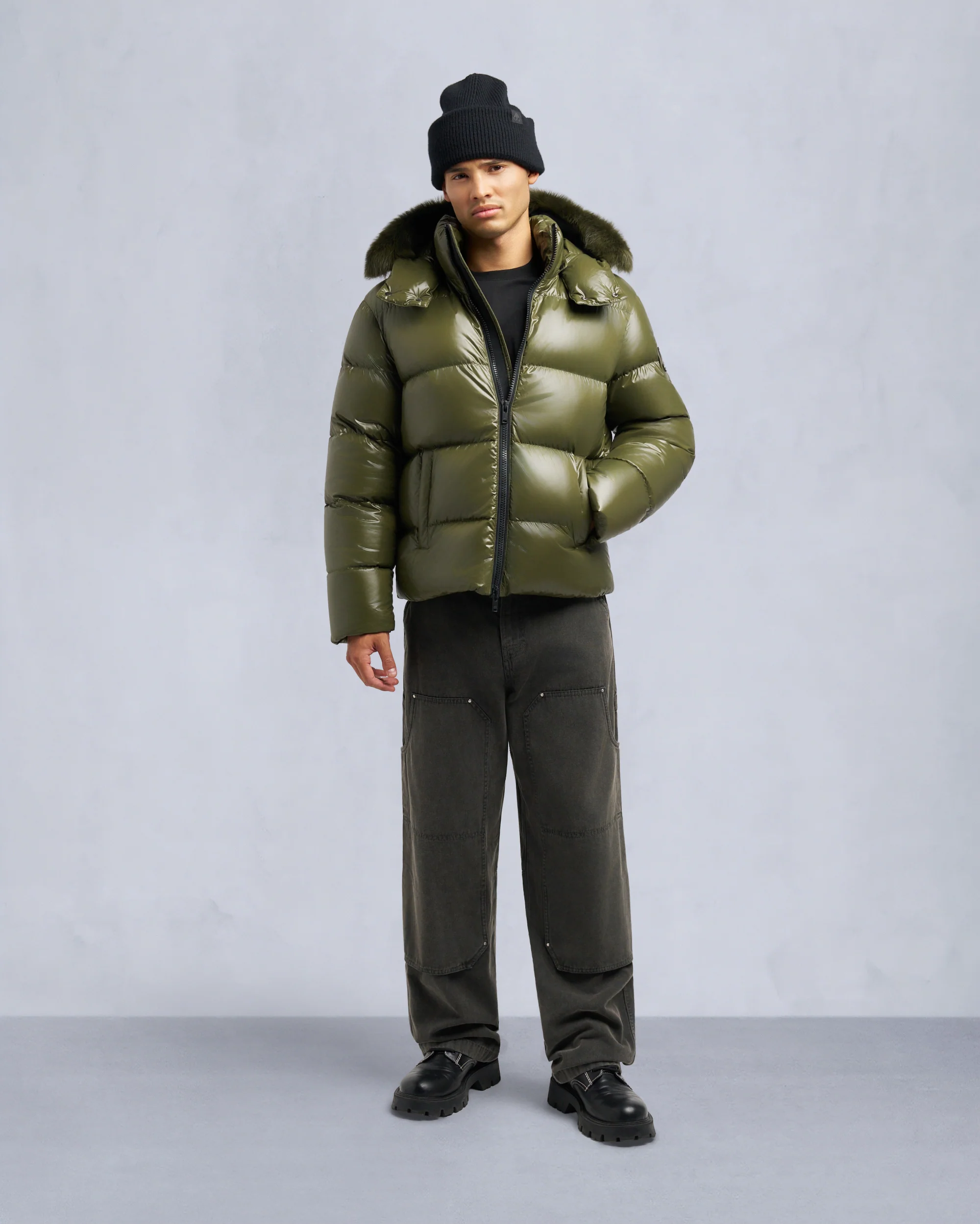 KINGS PUFFER SHEARLING TRIM JACKET-BLACK/BLACK
