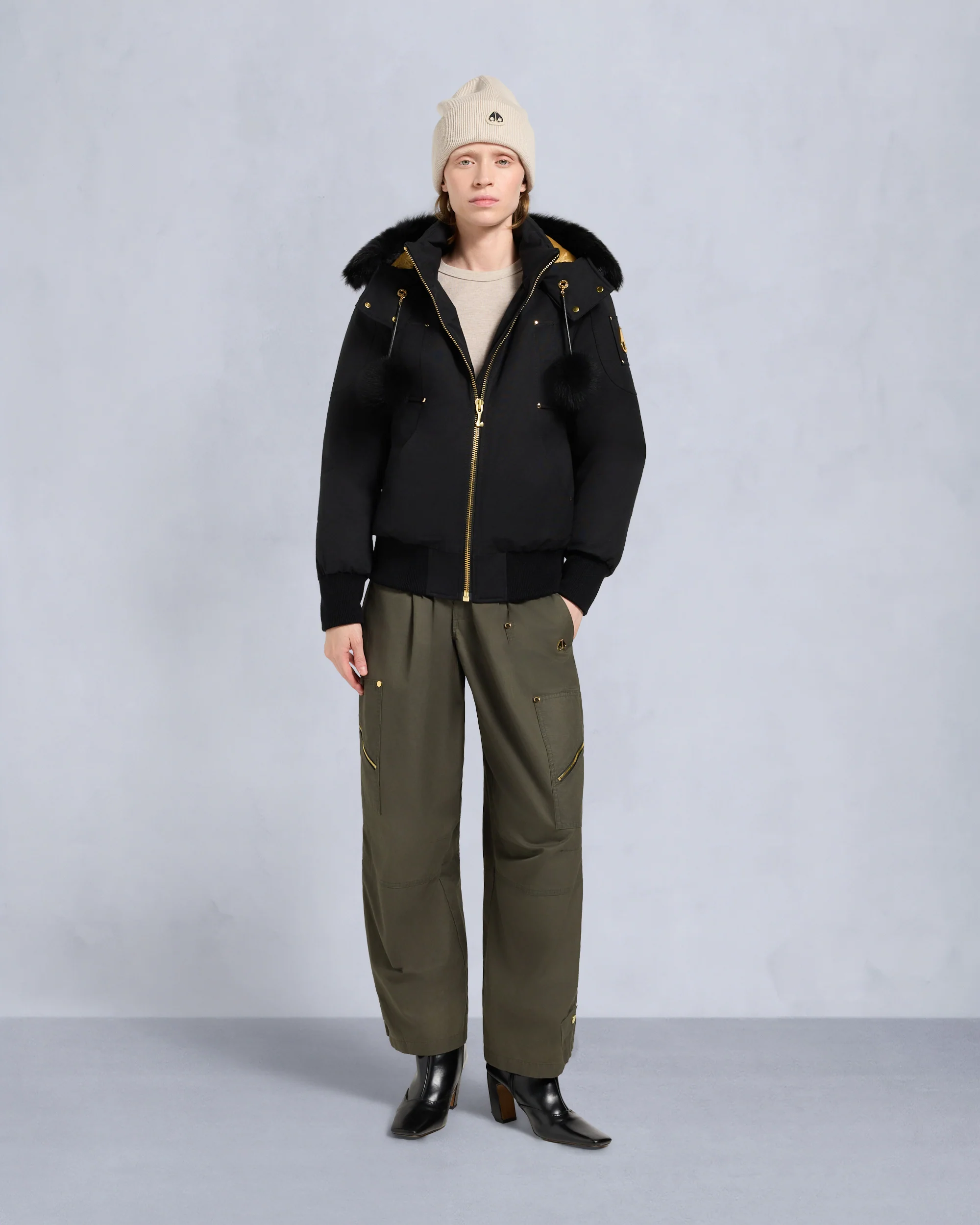 GOLD SERIES ORIGINAL SAINTE FLAVIE SHEARLING TRIM BOMBER JACKET-BLACK/BLACK