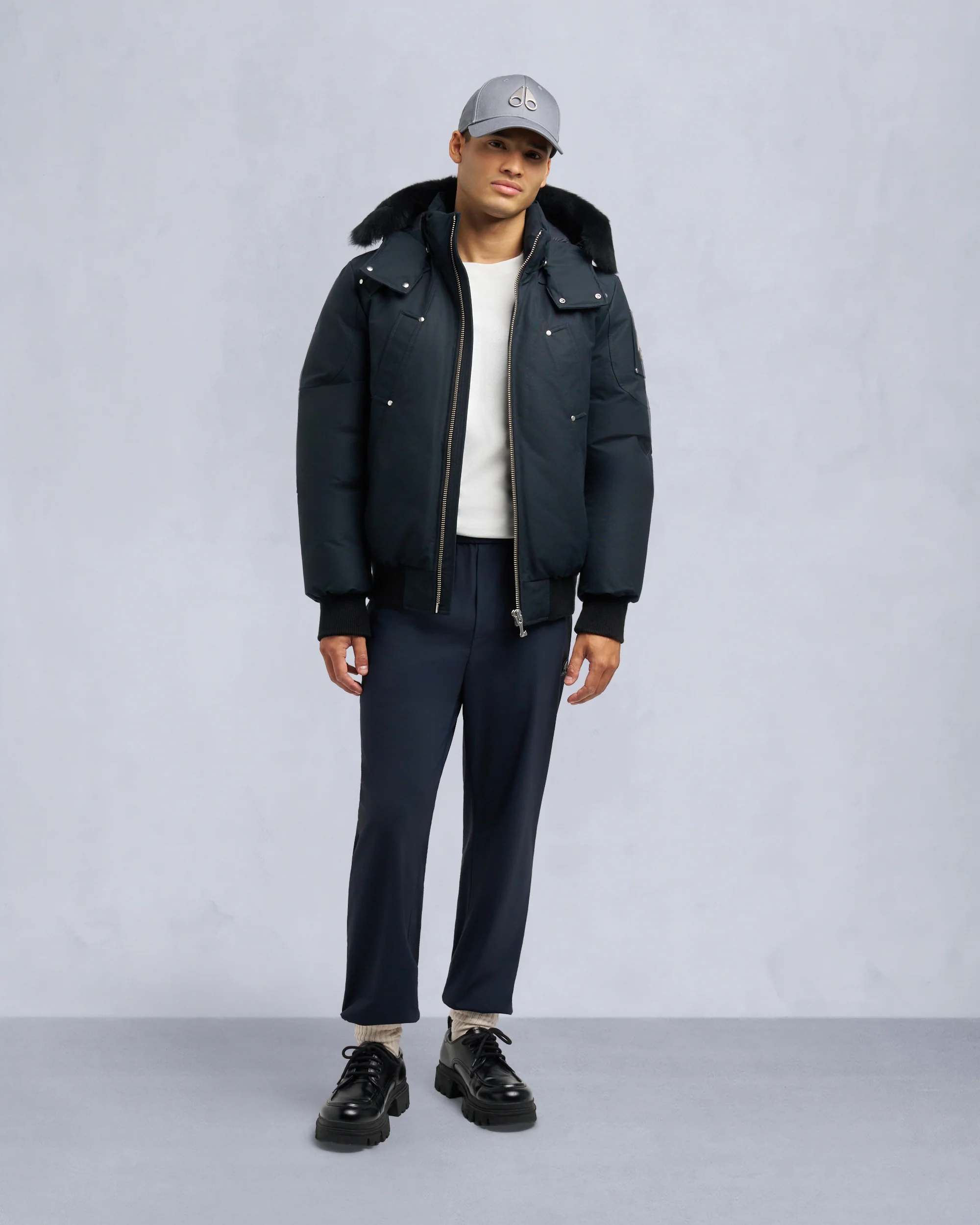 ORIGINAL BALLISTIC SHEARLING TRIM BOMBER JACKET-BLACK/NATURAL