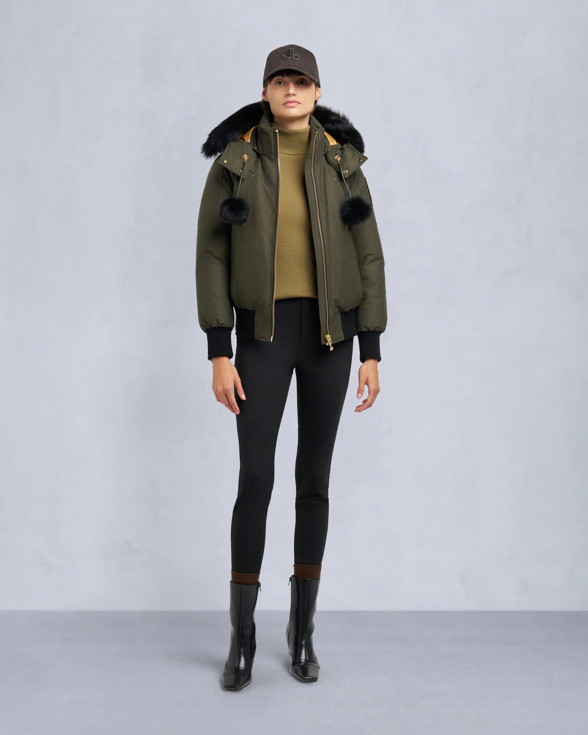 GOLD SERIES ORIGINAL SAINTE FLAVIE SHEARLING TRIM BOMBER JACKET-BLACK/BLACK