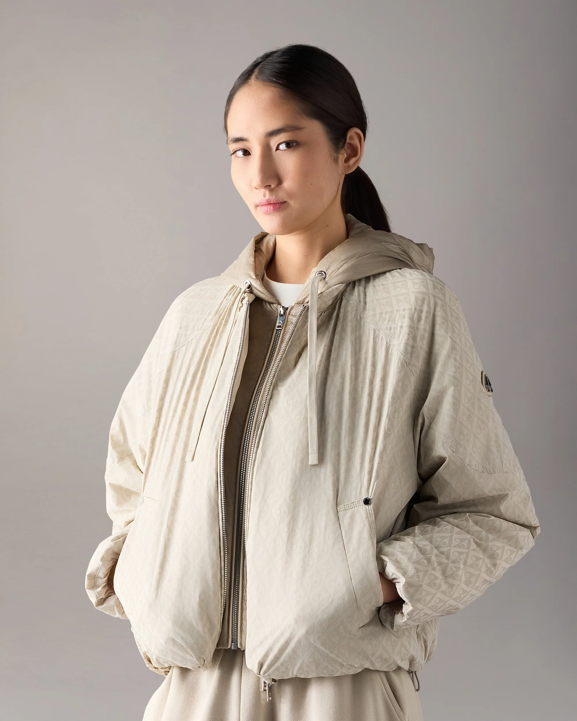 TEGAN DOWN BOMBER JACKET-ALABASTER MONOGRAM/ALABASTER