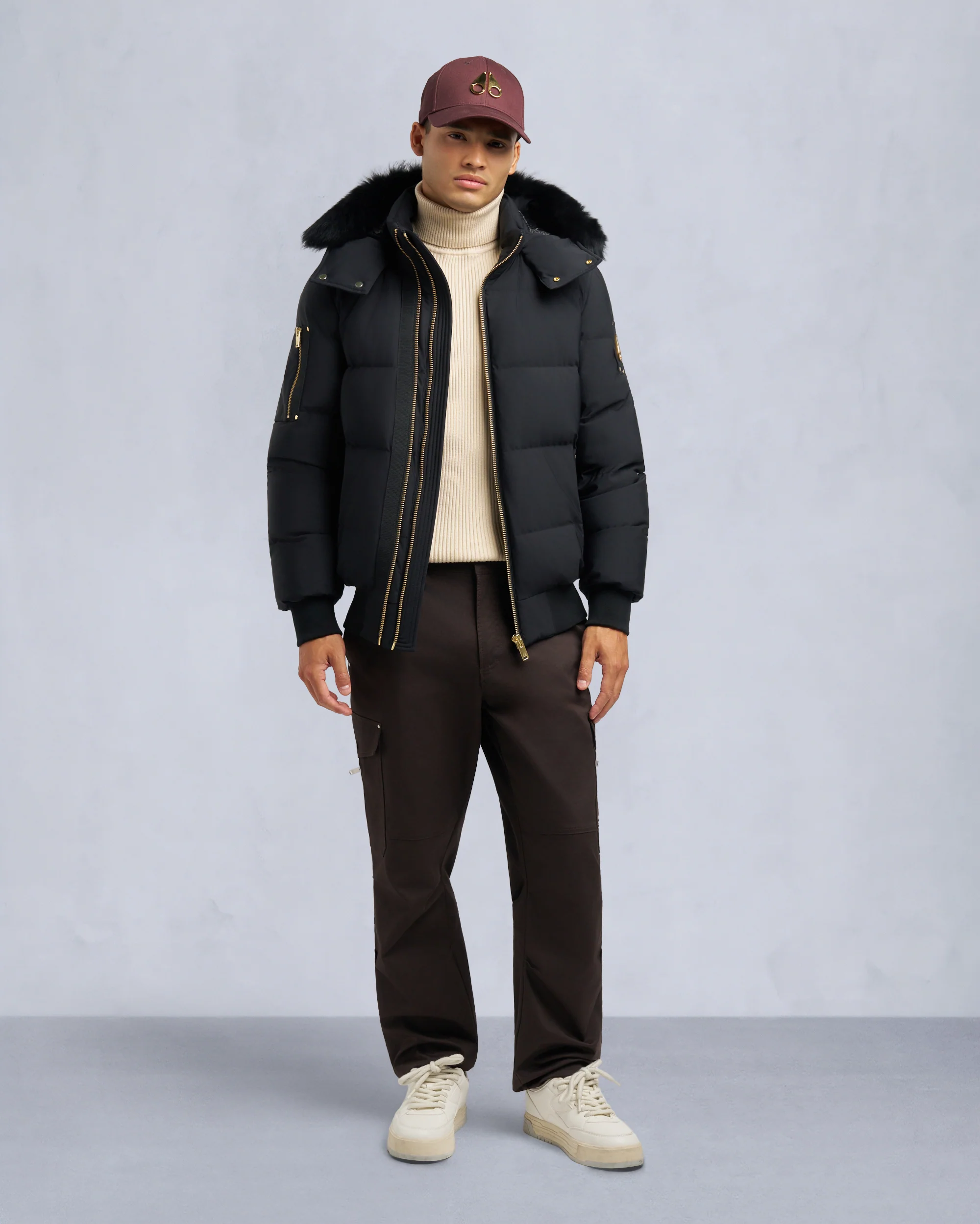 GOLD SERIES NYLUXE STAGG SHEARLING TRIM BOMBER-BLACK/BLACK
