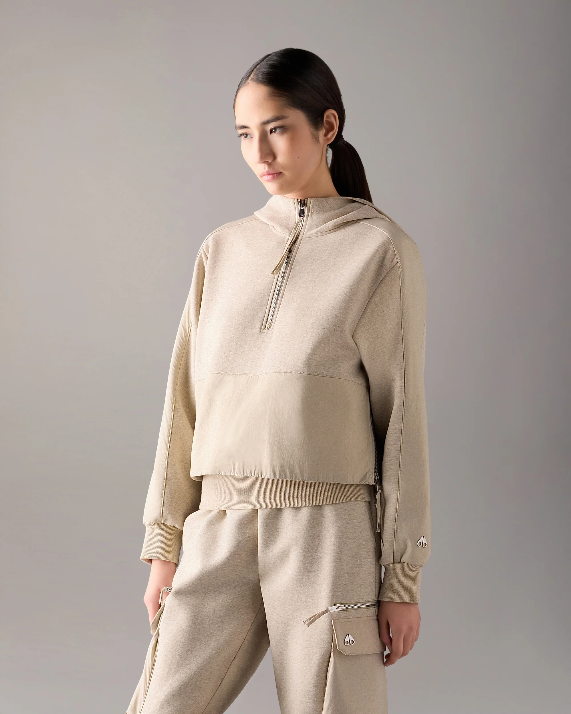 MIXED MEDIA NEOPRENE HOODIE-OAT MELANGE